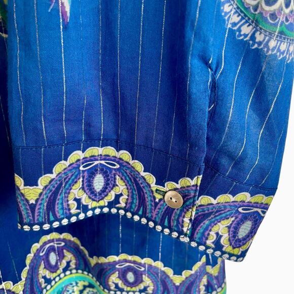 Chico's Blue Green Silver Metallic Paisley Button Up Shirt Sz 16 Casual Career - Picture 5 of 8